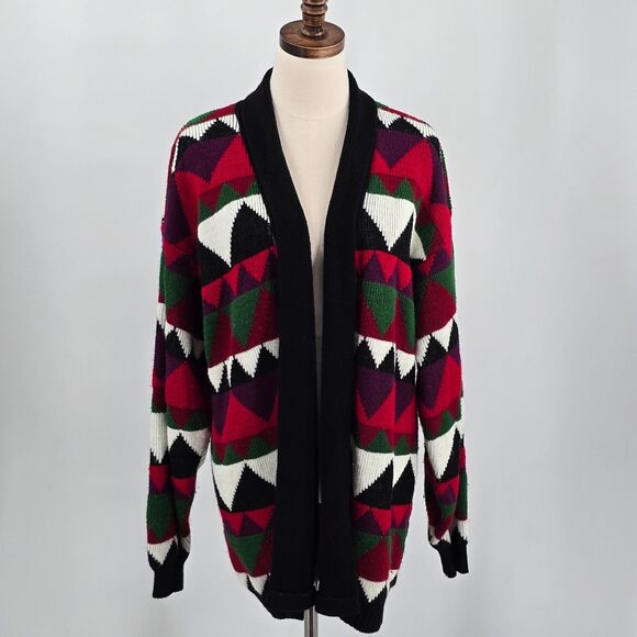 Vintage J.J. Browne Open Front Cardigan Sz M Black Red Green Geo 80's - Picture 2 of 5